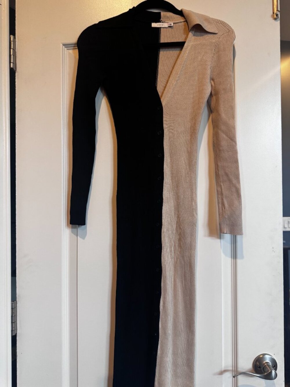 LUSH Black Taupe Colorblock Ribbed Knit Button Front Maxi Dress S - Picture 3 of 8
